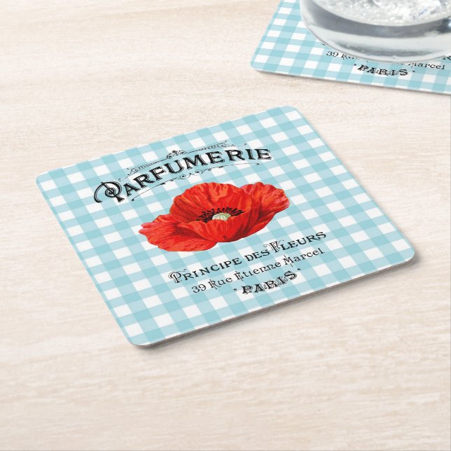 Fransk Land Parfym Red Poppy Teal Checkered Underlägg Papper Kvadrat (Vinklad)