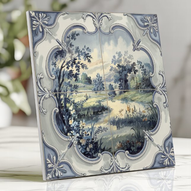 Fransk Land Pastoral Blue och White Toile Kakelplatta (Skapare uppladdad)