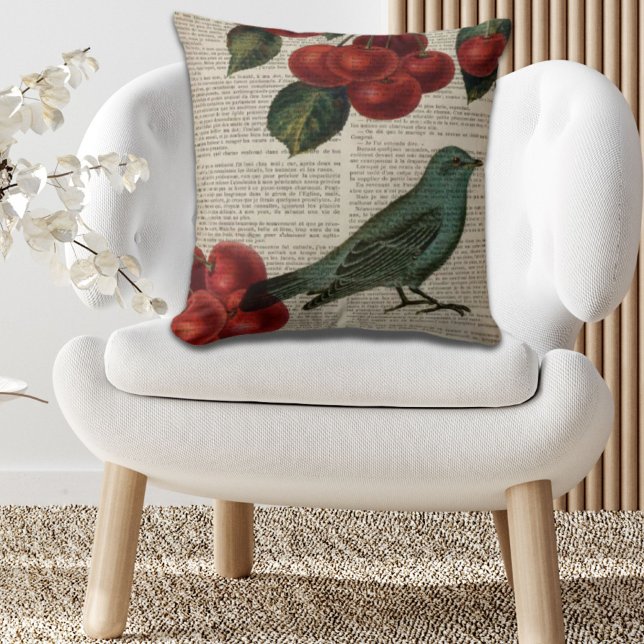 fransk land (retro botaniskt rödkörsbär) kudde (french country bird retro botanical red cherry throw pillow)