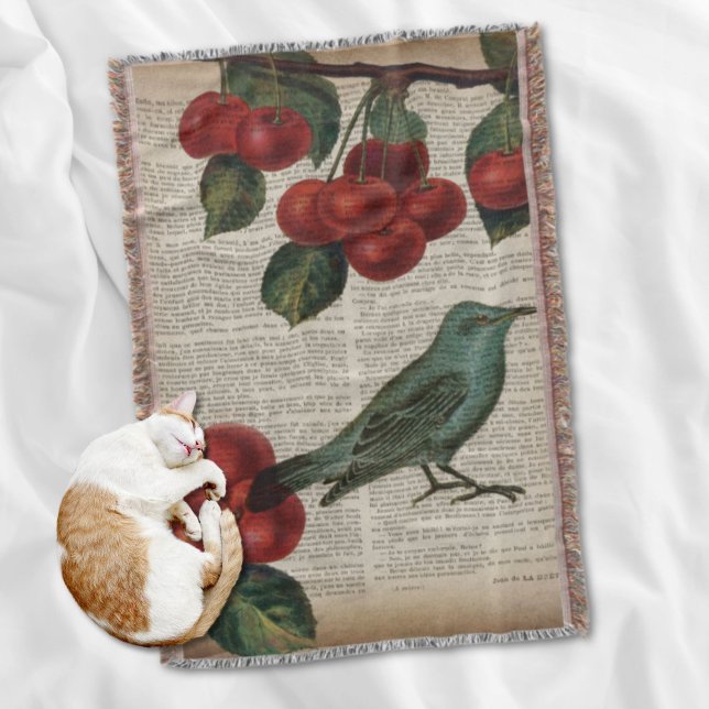 fransk land (retro botaniskt rödkörsbär) mysfilt (french country bird retro botanical red cherry throw blanket)