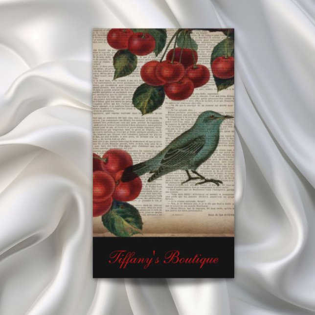 fransk land (retro botaniskt rödkörsbär) visitkort (french country bird retro botanical red cherry business card)