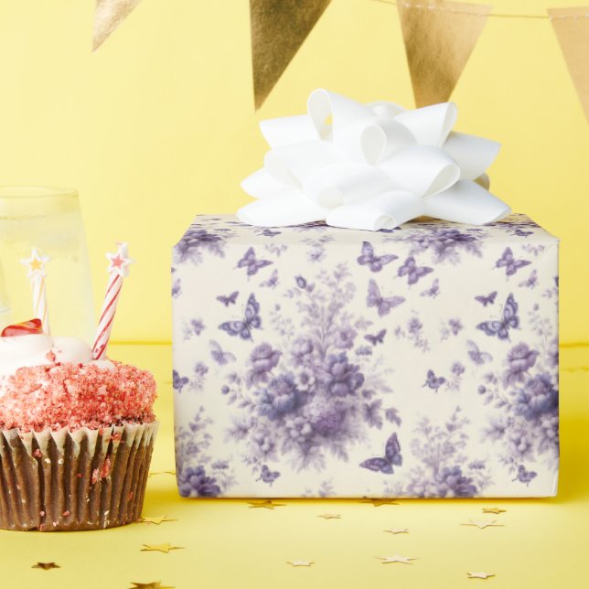 Fransk Land Toile Fleurie Lila Butterflies Presentpapper (Födelsedagsfest)