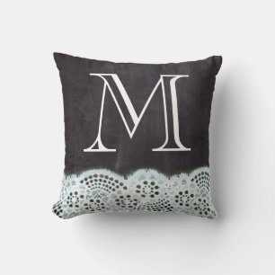 Fransk land, vit snöre-chalkboard-monogram kudde