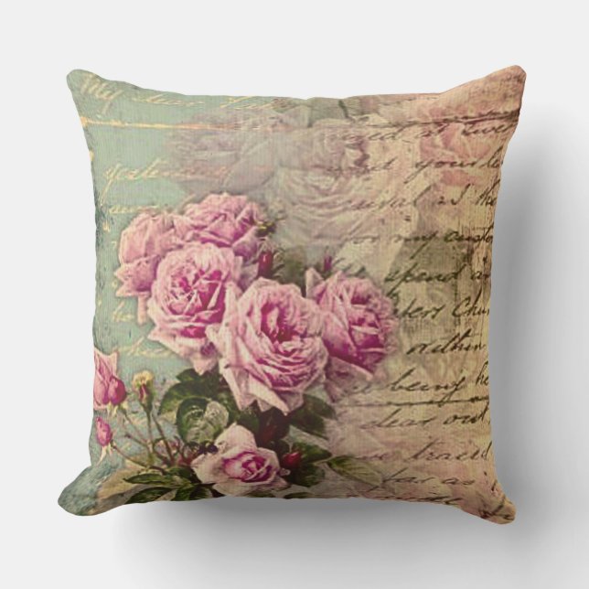Fransk landchic, shabby chic, rosa ros, floror kudde (Framsida)