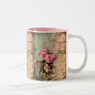 Fransk landchic, shabby chic, rosa ros, floror Två-Tonad mugg