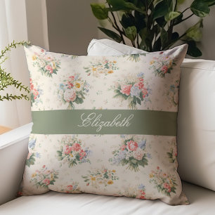 Fransk Landlig Blommig Skript Monogram Namn Kräm Kudde