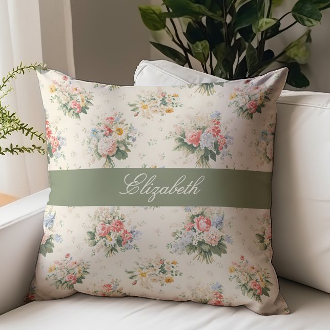 Fransk Landlig Blommig Skript Monogram Namn Kräm Kudde (Skapare uppladdad)