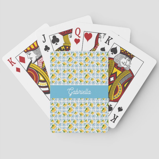 Fransk landsbygd Citronblå kakelmonogram Casinokort (Baksidan)