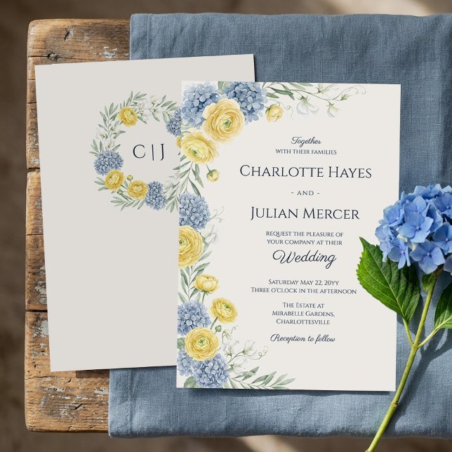 Fransk Landstraväxthus Hydrangea Bröllopsmonogram Inbjudningar (Monogram Wedding Invitation from the French Country Garden Wedding Collection by Darling & May)