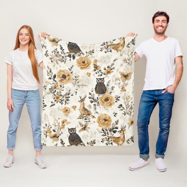 Fransk lantlig beige uggla blommönster fleecefilt (På plats)