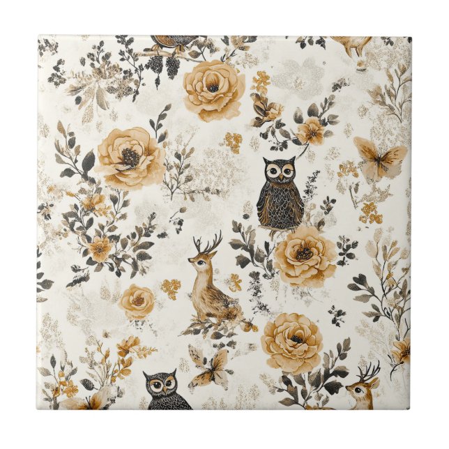 Fransk lantlig beige uggla blommönster kakelplatta (Framsidan)