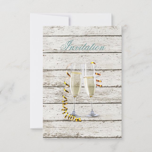 fransk lantlig vittrad trä champagneglas inbjudningar (Framsida)