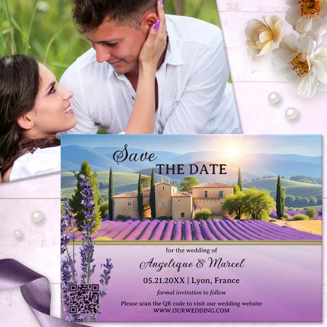 Fransk Lavender Land QR Spara datumkortet Spara Datumet (Romantic Wedding Save the Date Card featuring a painting of lavender farm at sunset and your photo)