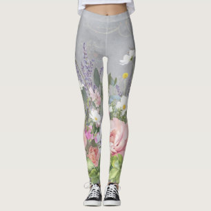 Fransk Lavender målade Blommigt Rosa Peony Flowers Leggings