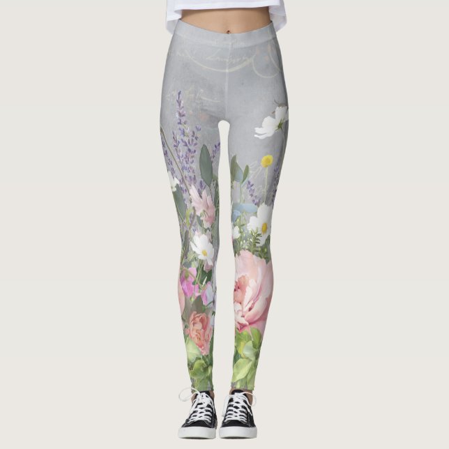 Fransk Lavender målade Blommigt Rosa Peony Flowers Leggings (Framsida)