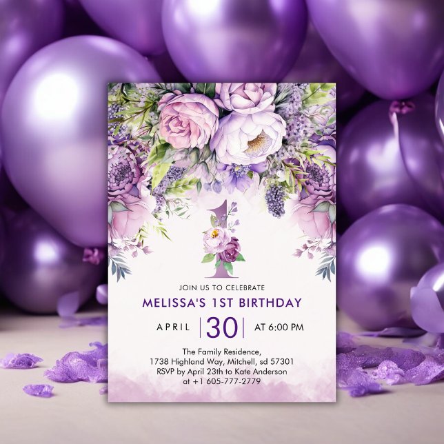 Fransk Lilac & Rosa Garden Flower 1:a födelsedagen Inbjudningar (Purple & Pink Garden Flowers Girl 1st Birthday Invitation)
