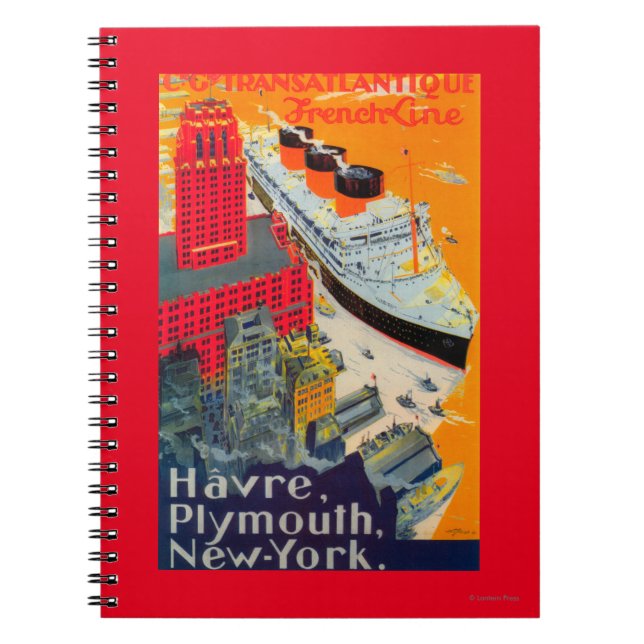 Fransk Line Travel Poster, Havre till Plymouth, NY Anteckningsbok (Framsidan)