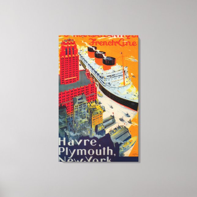 Fransk Line Travel Poster, Havre till Plymouth, NY Canvastryck (Framsida)