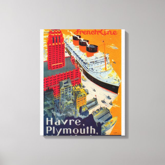 Fransk Line Travel Poster, Havre till Plymouth, NY Canvastryck (Framsida)
