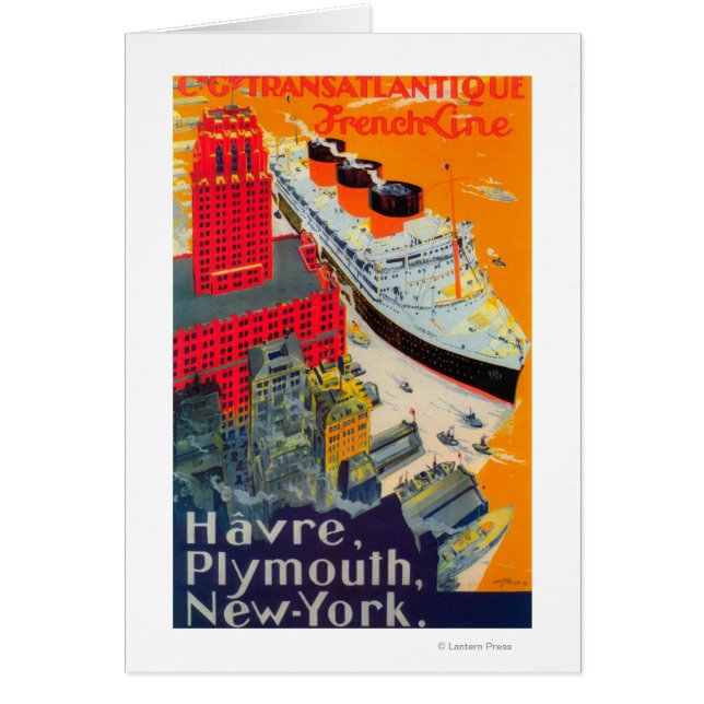 Fransk Line Travel Poster, Havre till Plymouth, NY Hälsningskort (Framsidan)