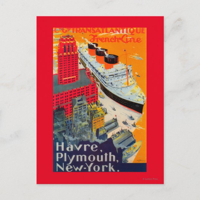 Fransk Line Travel Poster, Havre till Plymouth, NY Vykort (Framsida)