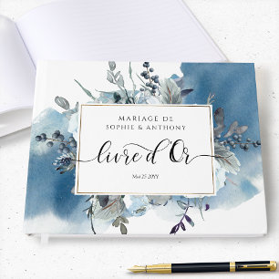 Fransk, Livre d'Or, Blue Blommigt Guest Bok