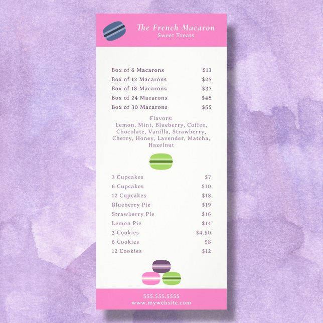 Fransk Macaron Meny & Prislista Ställkort (French Macaron Menu & Price List Rack Card)