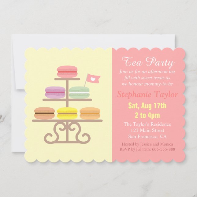 Fransk Macarons Tea Party Baby Shower, Sweet Rosa Inbjudningar (Framsida)