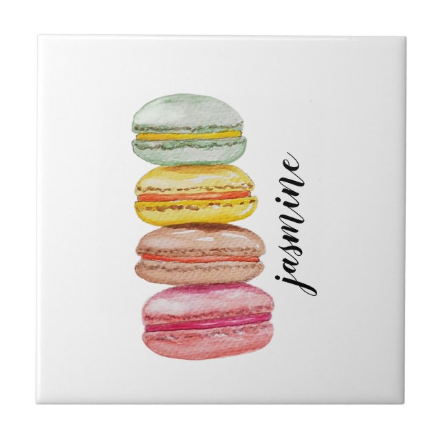 Fransk Macarons vattenfärg Hand-målad Kakelplatta (Framsidan)
