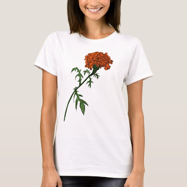 Fransk Marigold Flower Bläck Teckning T Shirt (Framsida)
