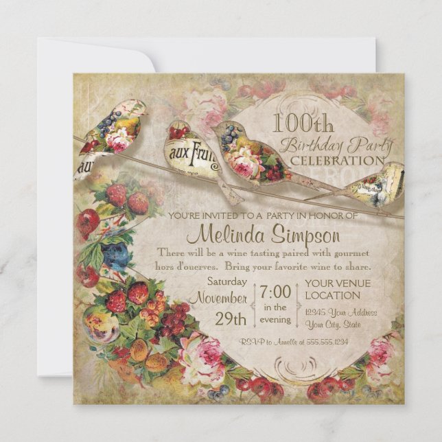 Fransk Marknadsmodern Födelsedagsfest för fåglar i Inbjudningar (Framsida)