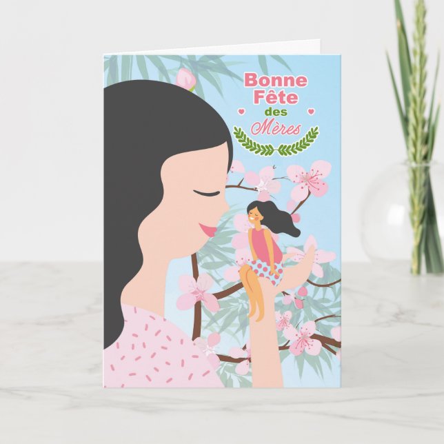 FRANSK Mors dag Cherry Blommar Mamma och Child Kort (Framsida)