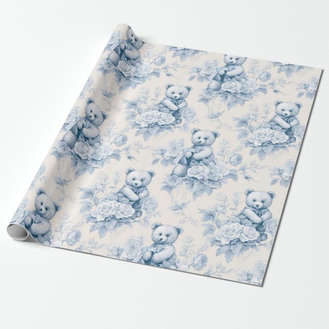 Fransk papper med blommönster och björn presentpapper (Utrullad)