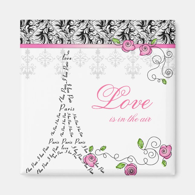 Fransk Paris Kärlek Magnet Rosa ros (Framsidan)