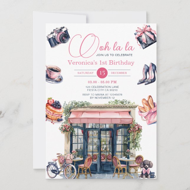 Fransk Paris Patisserie 1st Girl Födelsedagsfest Inbjudningar (Framsida)