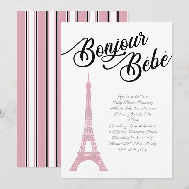Fransk Paris Rosa Baby Shower Girl Parisienne Inbjudningar (Fram/baksida)