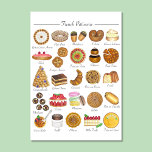 Fransk Patisserie Bakery Pastries Food Poster<br><div class="desc">Originalteckningen "Fransk Pâtisserie",  som sammanställts från min serie handritade markörillustrationer. Tryckeriet innehåller en rad klassiska pastejer av Fransk som Paris-brest,  smärta au choklad,  éclair,  canelé,  macarons,  mille-feuille och mycket annat. Perfekt för att dekorera köket,  eller vilket rum som helst i huset.</div>