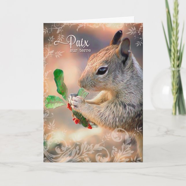 Fransk Peace on Earth Squirrel and Holly Helgkort (Framsida)