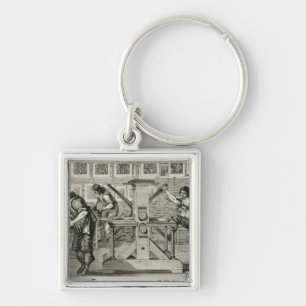 Fransk printingpress, 1642 (gravyr) fyrkantig silverfärgad nyckelring