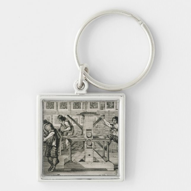 Fransk printingpress, 1642 (gravyr) fyrkantig silverfärgad nyckelring (Framsidan)