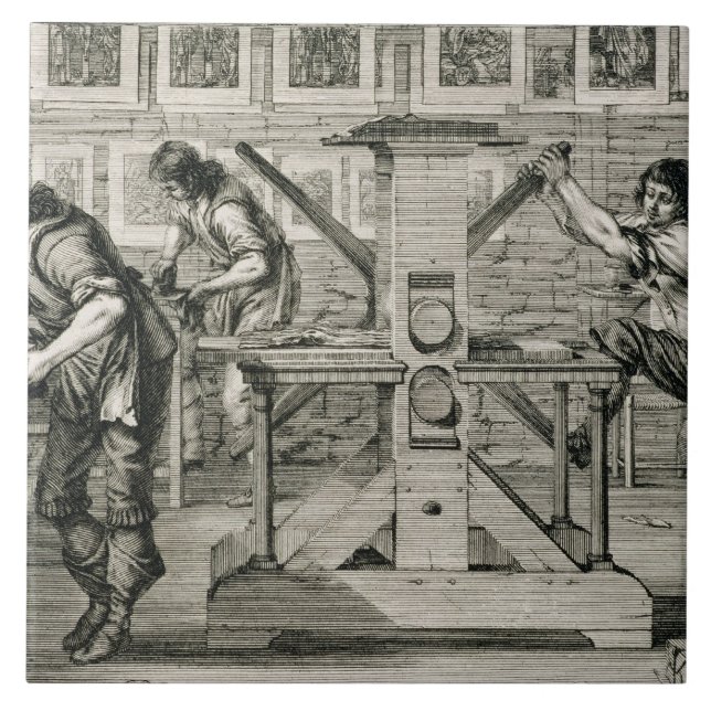 Fransk printingpress, 1642 (gravyr) kakelplatta (Framsidan)
