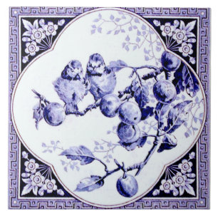 Fransk Quatrefoil Framed Blue Birds Antique Repro Kakelplatta