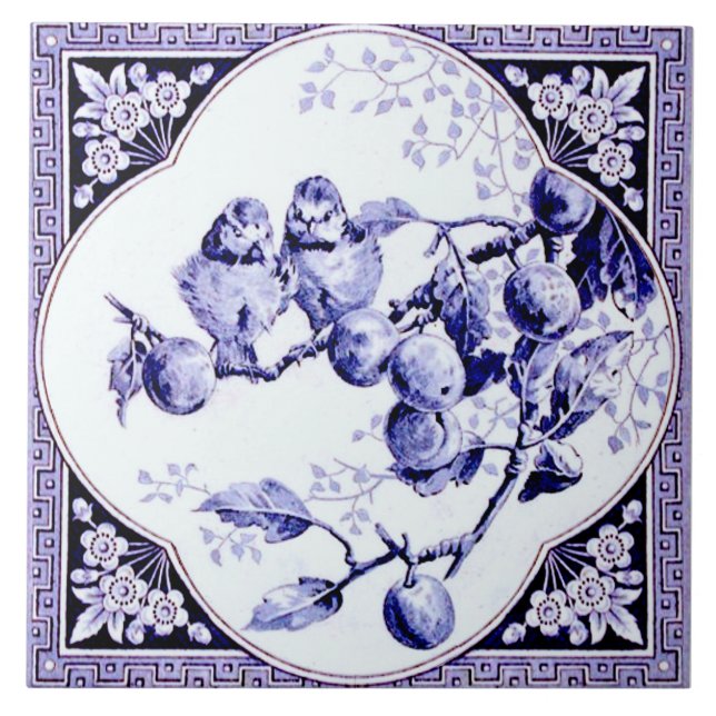 Fransk Quatrefoil Framed Blue Birds Antique Repro Kakelplatta (Framsidan)