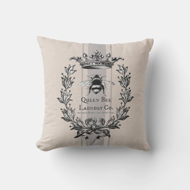 Fransk Queen Bee, grått stripe faux grain sack Kudde (Framsida)