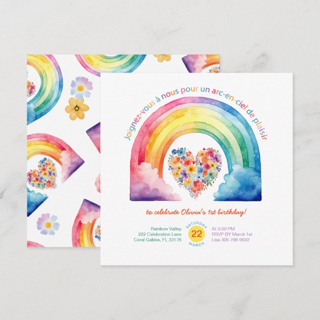 Fransk Rainbow Girl Födelsedagsfest inbjudan (Fram/baksida)
