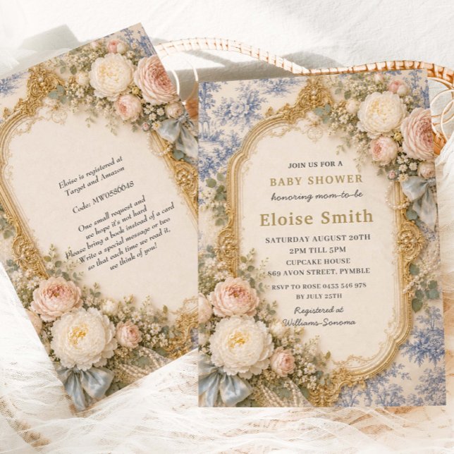Fransk Regency blå Toile Blommig Bow Babyshower Inbjudningar (Skapare uppladdad)