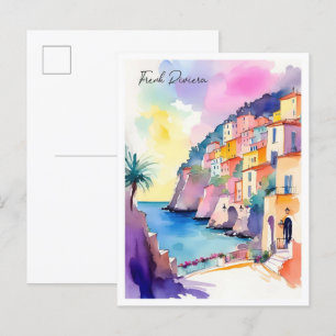 Fransk Riviera Frankrike Watercolor Illustration Vykort