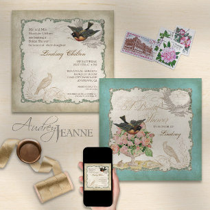 Fransk Ro Love birds Vintage Snöre - Aqua Blue Inbjudningar
