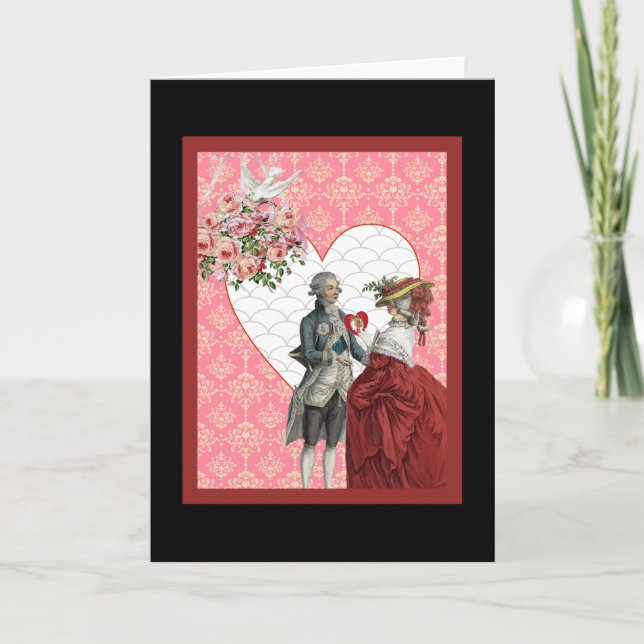 Fransk Rococo Couple och Rosa Damask Valentine Helgkort (Framsida)