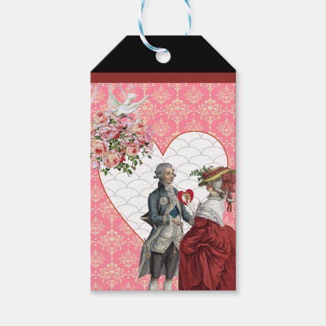 Fransk Rococo Couple och Rosa Damask Valentine Presentetikett (Framsidan)